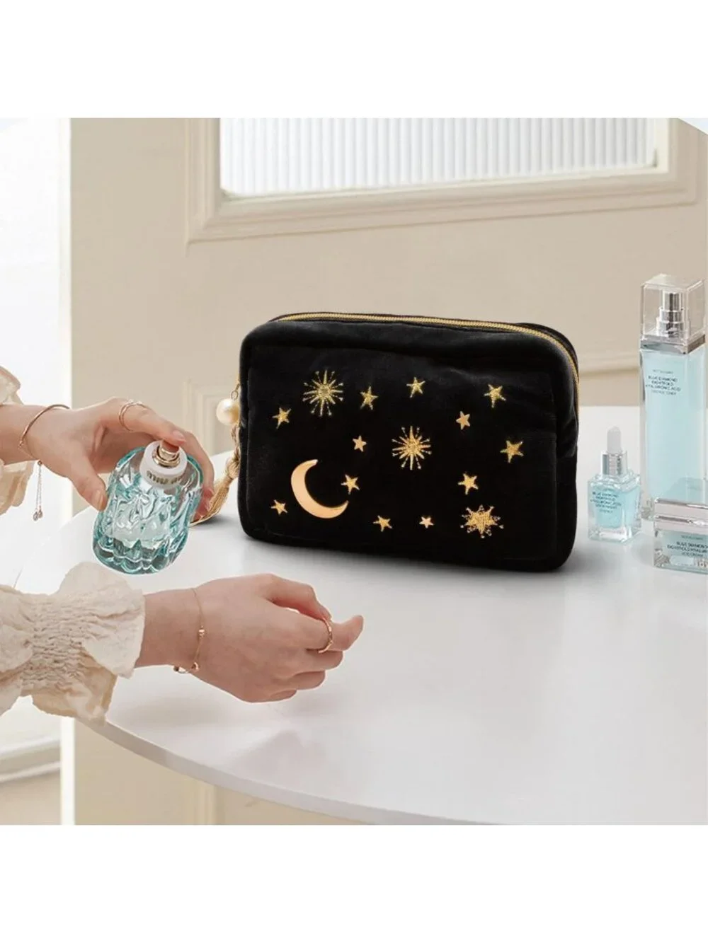 Navy Velvet Starry Makeup Bag with Tassels & Pearl Zipper - Cosmetic Storage